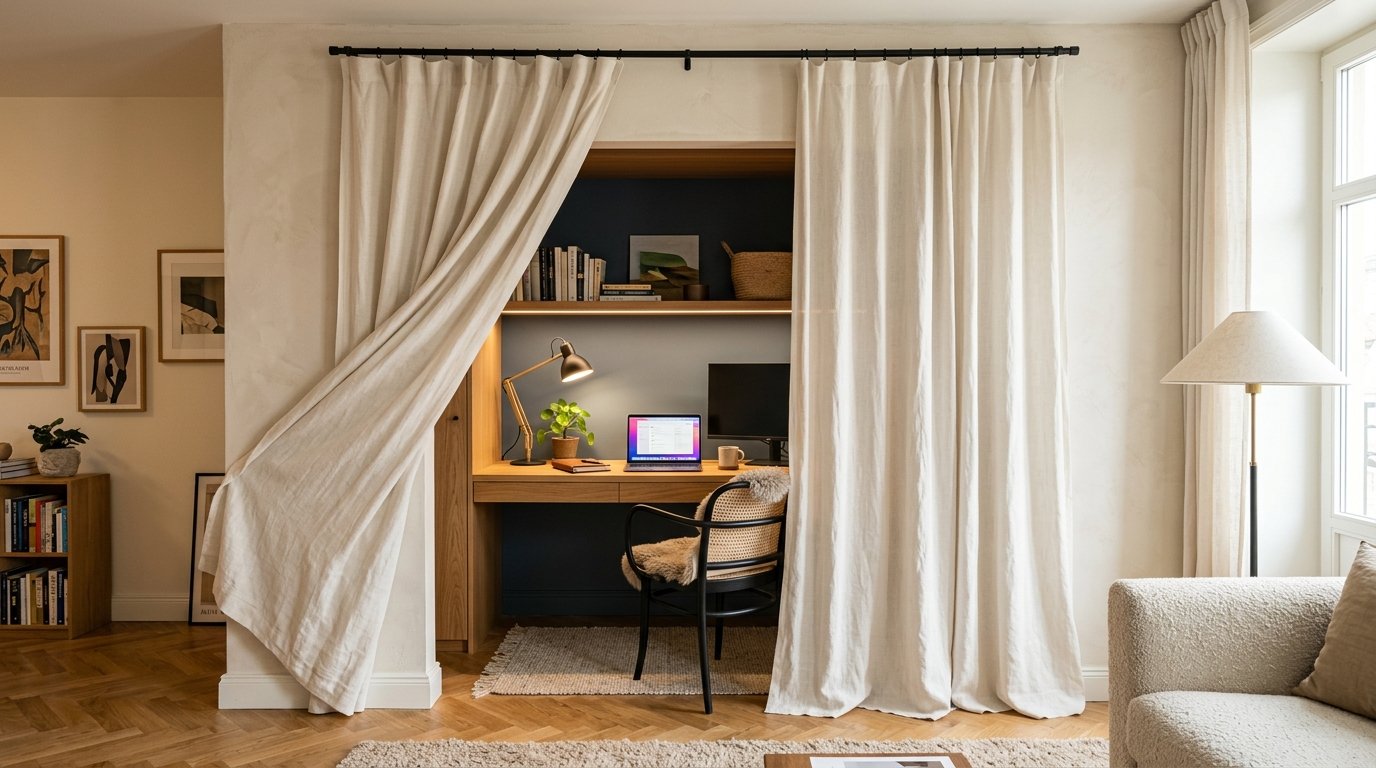 "Sumiça" o seu Home Office: Ideias de Portas e Cortinas para Fechar o Workspace